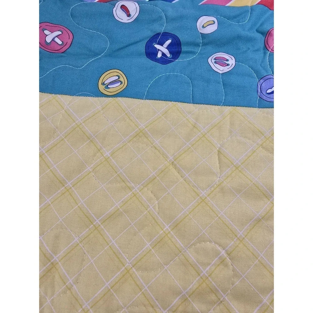 Vintage Baby Quilt Blanket Rocking Horse Teddy Bear Button Yellow Blue